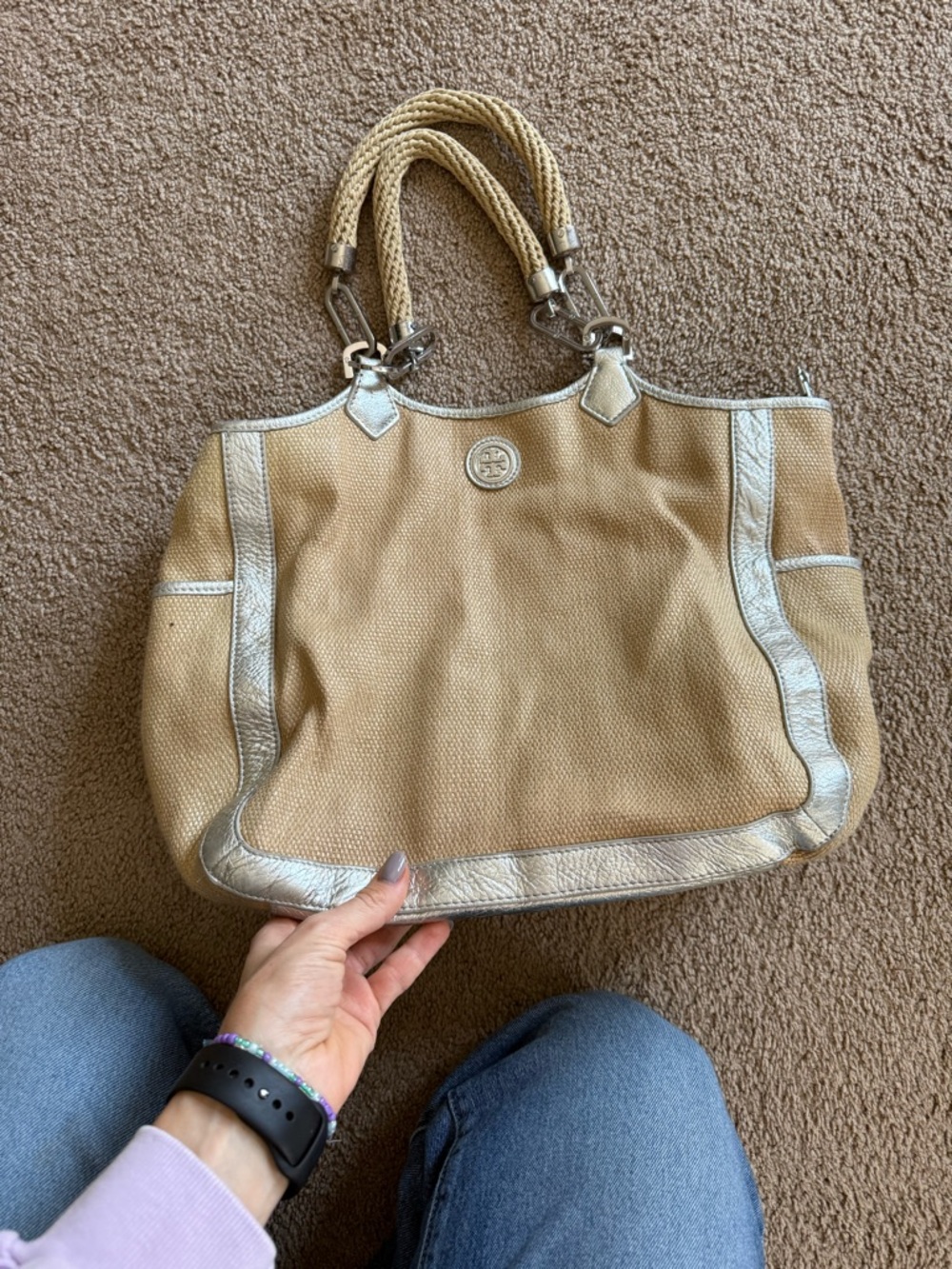 Tory Burch Beige Tote with Silver Trim